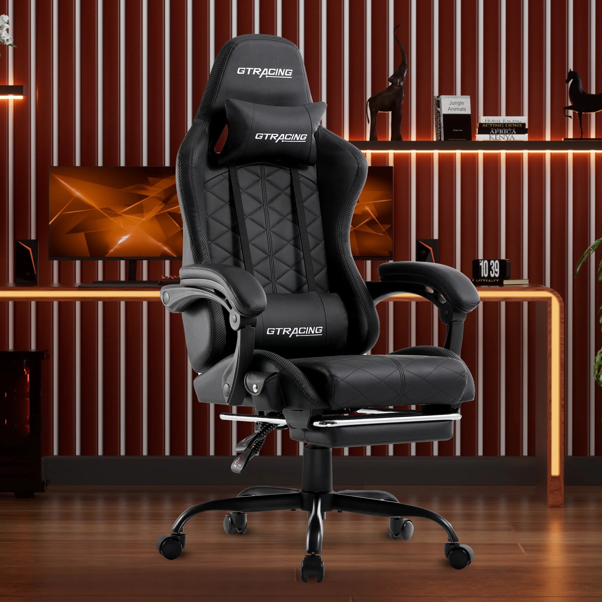 GTW-100 Reclining Gaming Chair with Bluetooth, Adjustable Pillows and Footrest, Black