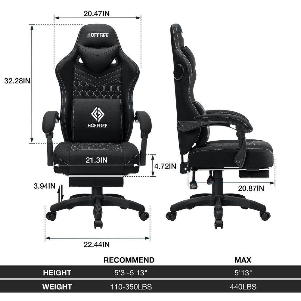 Fabric Reclining Ergonomic Gaming Chair in Black with Bluetooth Speakers and Vibration Lumbar Pillow