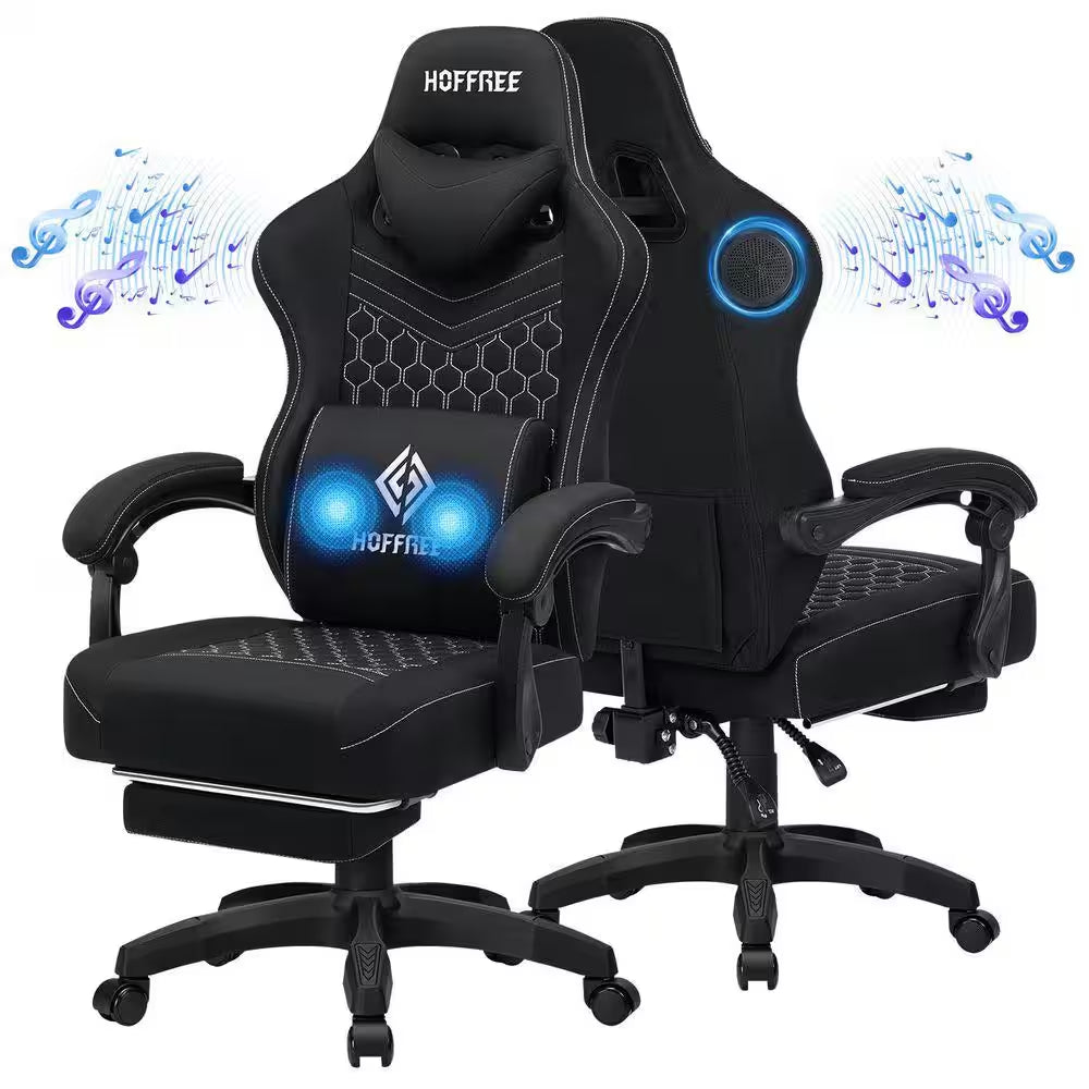 Fabric Reclining Ergonomic Gaming Chair in Black with Bluetooth Speakers and Vibration Lumbar Pillow