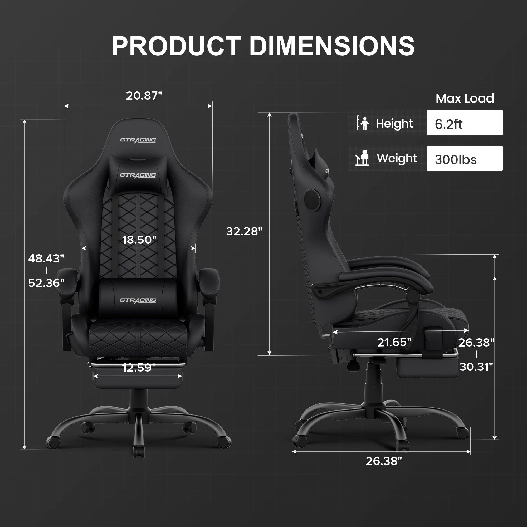 GTW-100 Reclining Gaming Chair with Bluetooth, Adjustable Pillows and Footrest, Black