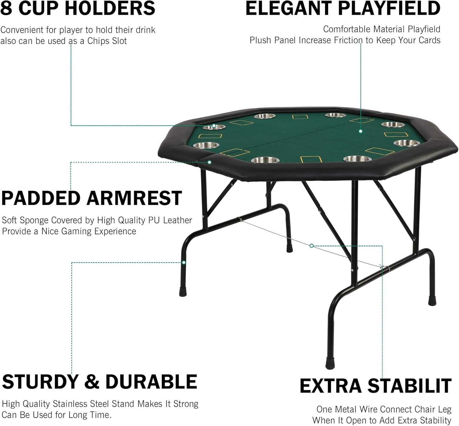 Folding Casino Poker Table - 48'' Texas Hold'Em Game Table with Stainless Steel Cup Holder
