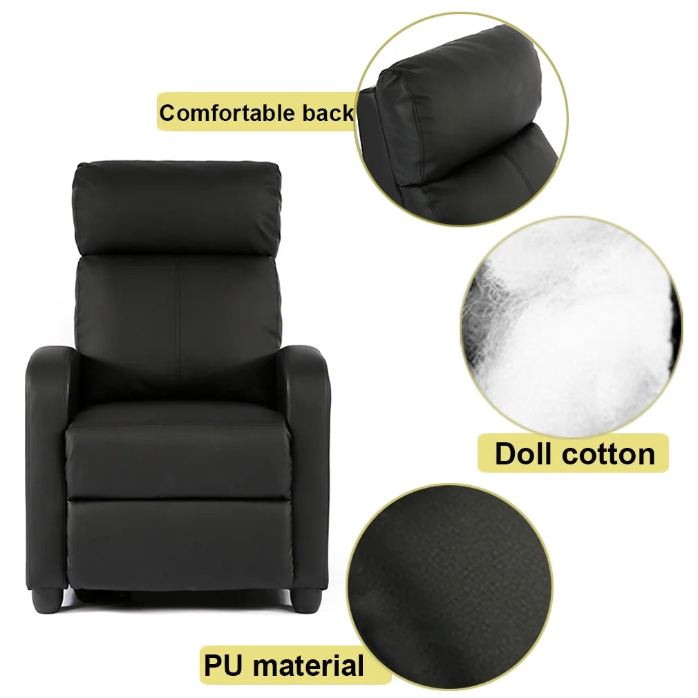 Modern Home Theater Recliner in Faux Black Leather Manual