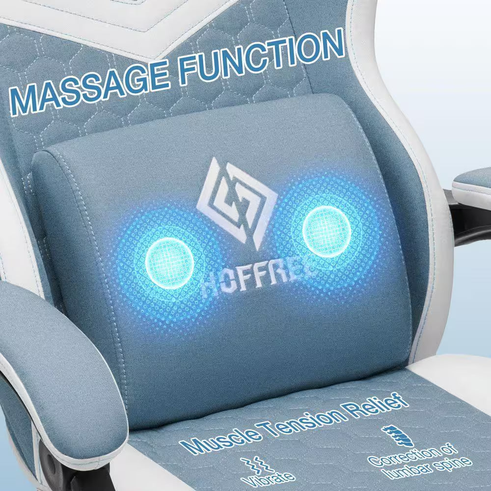 Fabric Reclining Ergonomic Gaming Chair in Blue/White with Bluetooth Speakers and Vibration Lumbar Pillow
