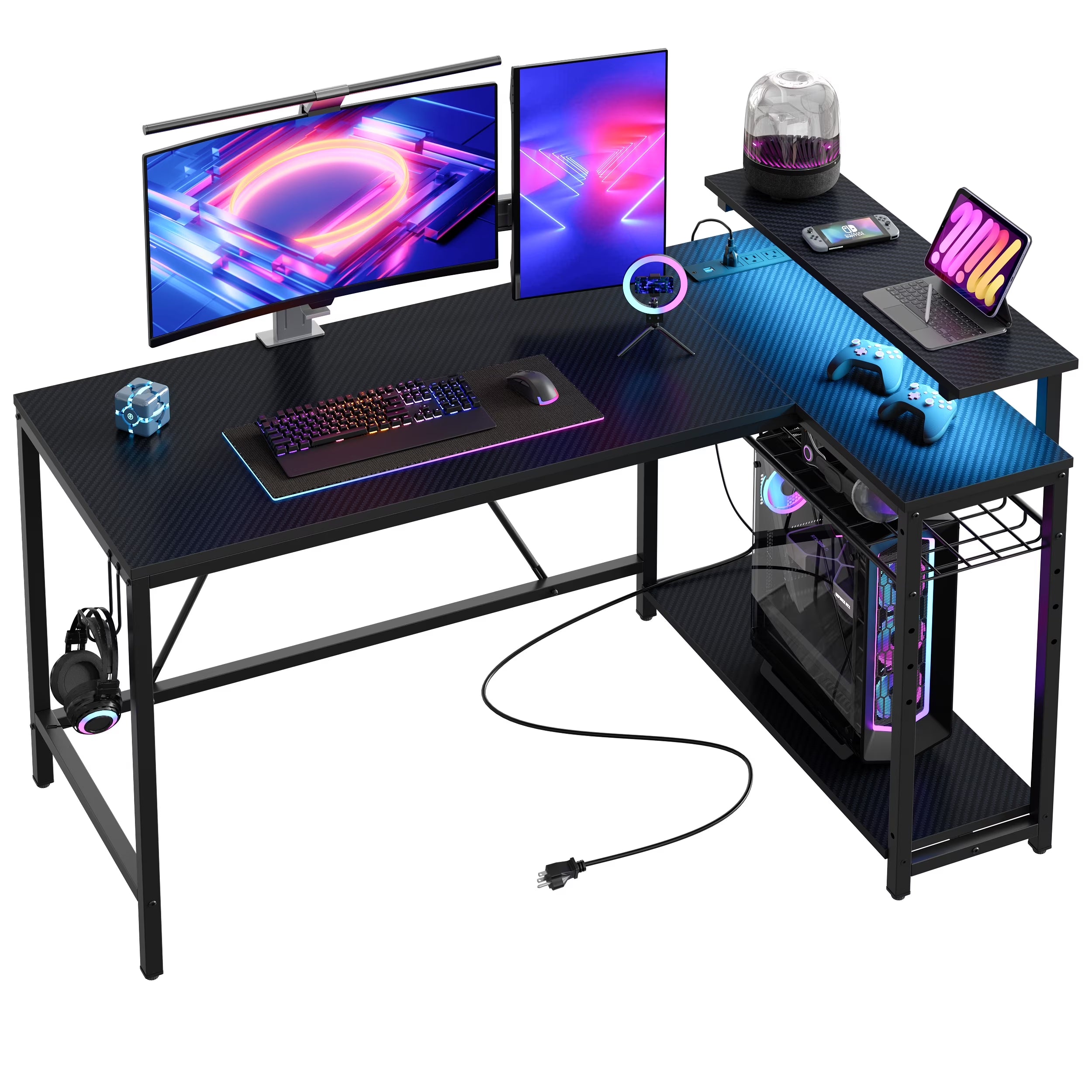 52" Gaming Desk with LED Lights L Shaped Desk with Power Outlet & Monitor Stand Corner Computer Desk in Carbon Fiber
