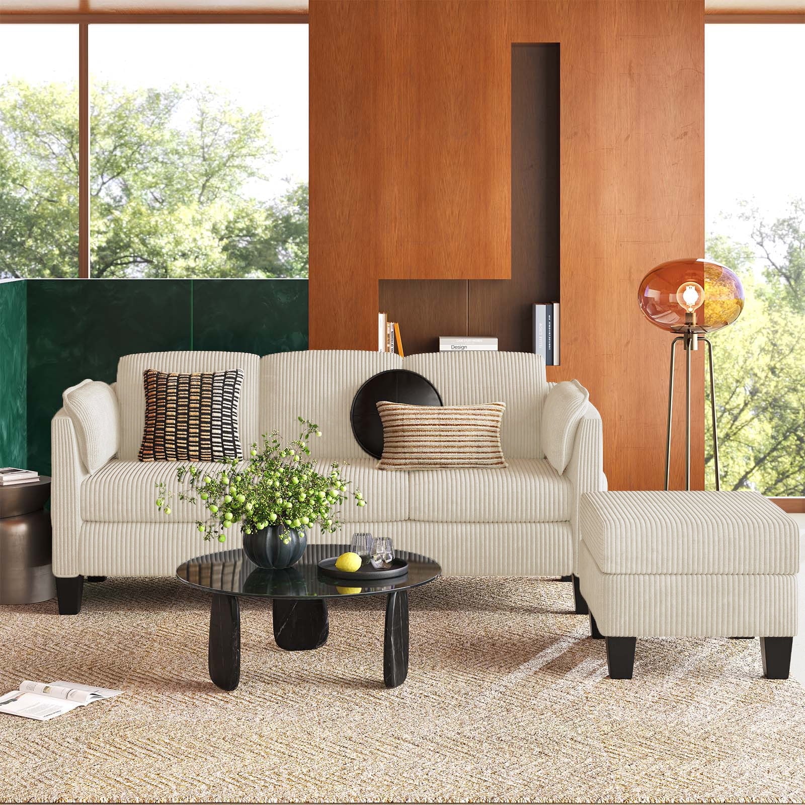 Corduroy Sectional Sofa Couches for Living Room, L-Shaped Modular Small Couch Convertible 3 Seater Sofa with Ottaman Storage,Beige