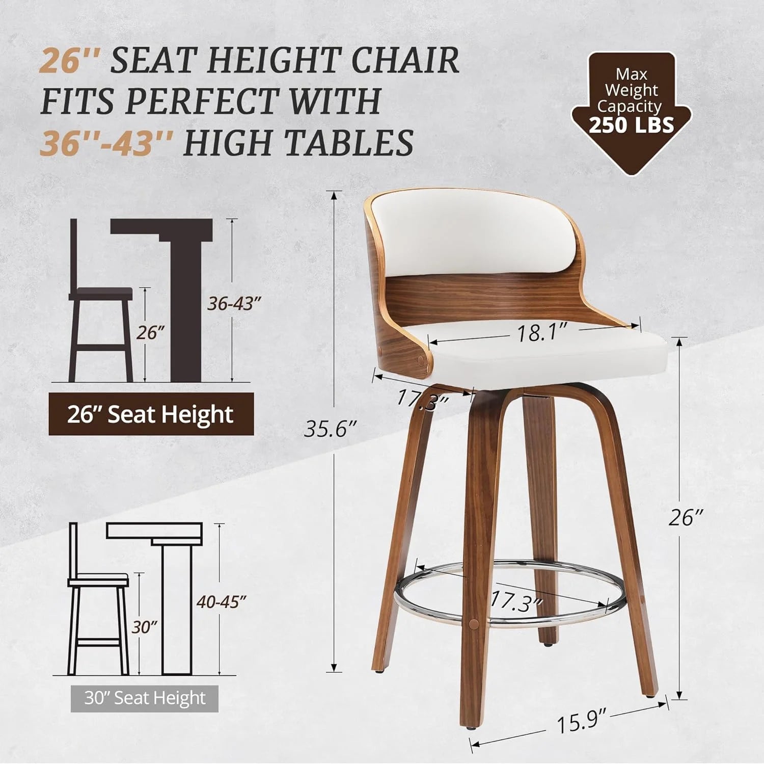 26”Bar Stools Swivel, Wood Counter Height Bar Stools Set of 3 for Home Bar, White