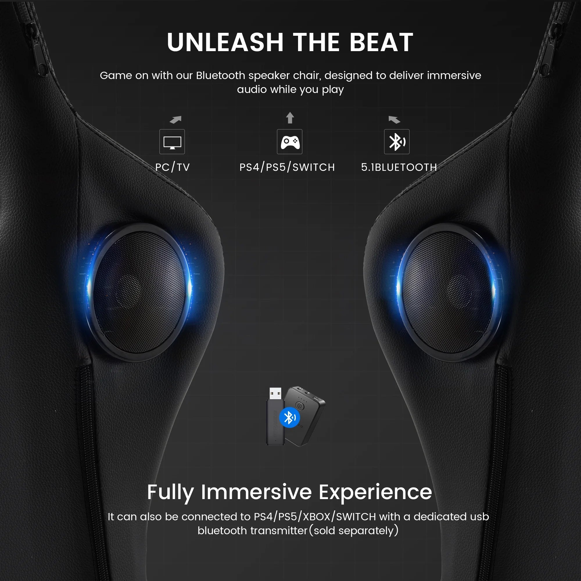 GTW-100 Reclining Gaming Chair with Bluetooth, Adjustable Pillows and Footrest, Black