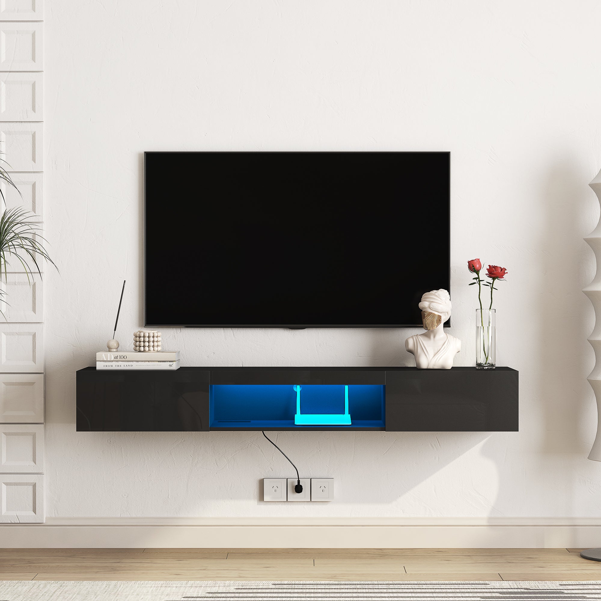 Floating TV Stand Wall Mounted with 16 Color Leds Modern TV Stand, Floating TV Cabinet Entertainment Center for 55 60 65 Inch Tv,Black