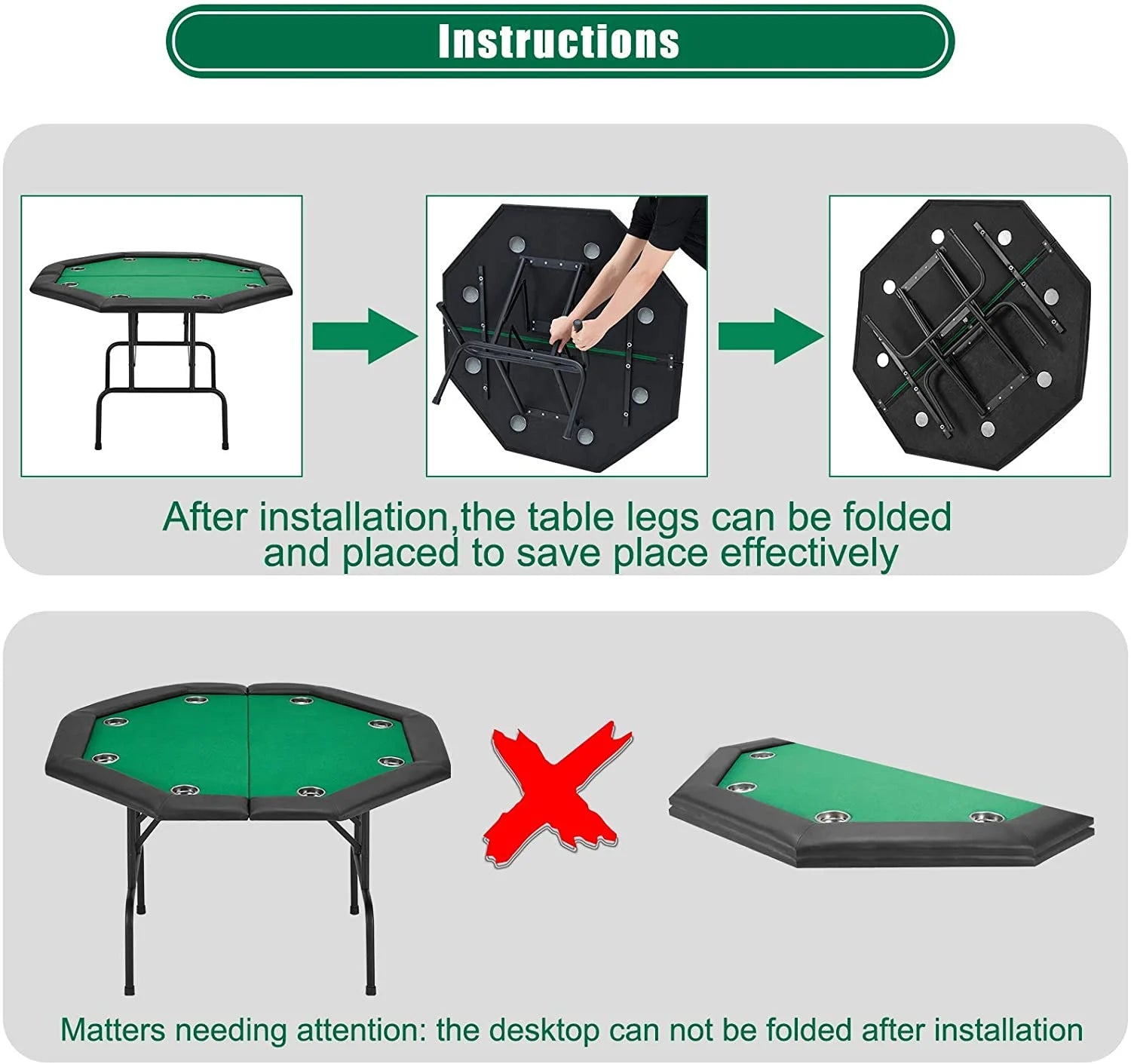 29" Game Poker Table W/Stainless Steel Cup Holder Casino Leisure Table for 8 Players, Green