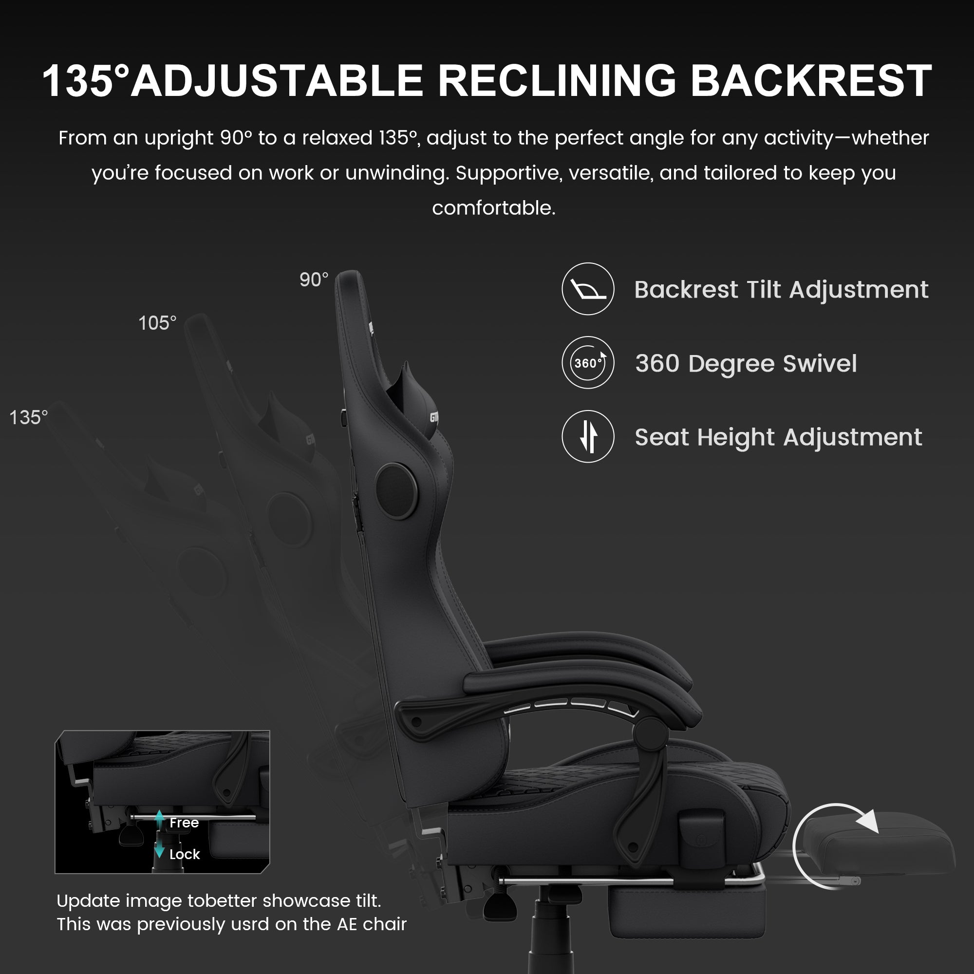 GTW-100 Reclining Gaming Chair with Bluetooth, Adjustable Pillows and Footrest, Black