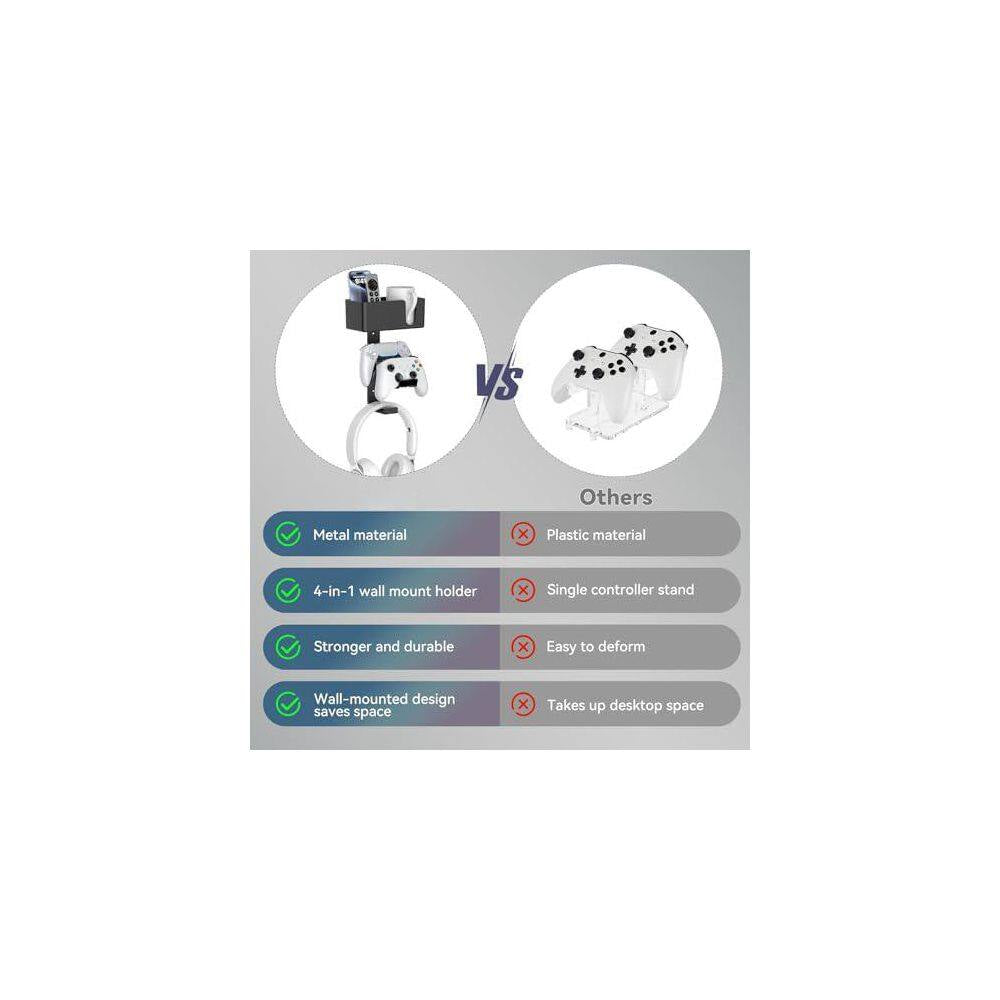 4-In-1 Wall Mount Holder Dual Game Controller Headphone Hanger with Anti-Slip Pads Detachable Desk Storage