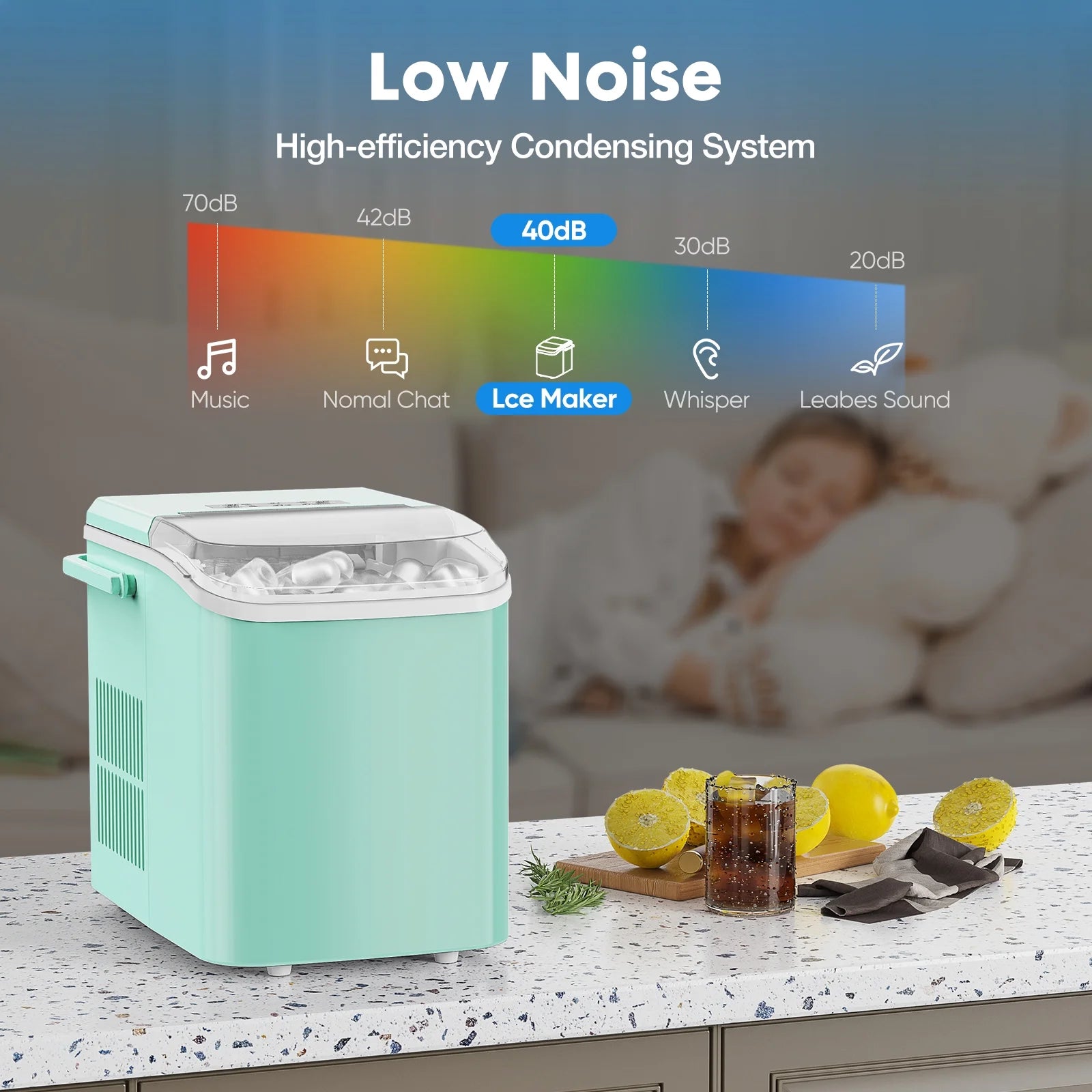 Countertop Ice Maker, Self-Cleaning Portable Ice Maker Machine with Handle and Ice Scoop, Bullet Ice Cubes, 9Pcs/6Min 26.5Lbs/24H for Home/Kitchen/Bar/Party, Green