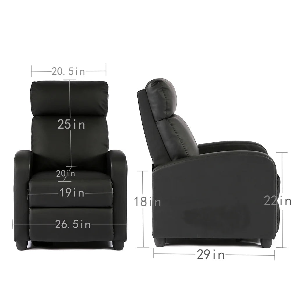 Modern Home Theater Recliner in Faux Black Leather Manual