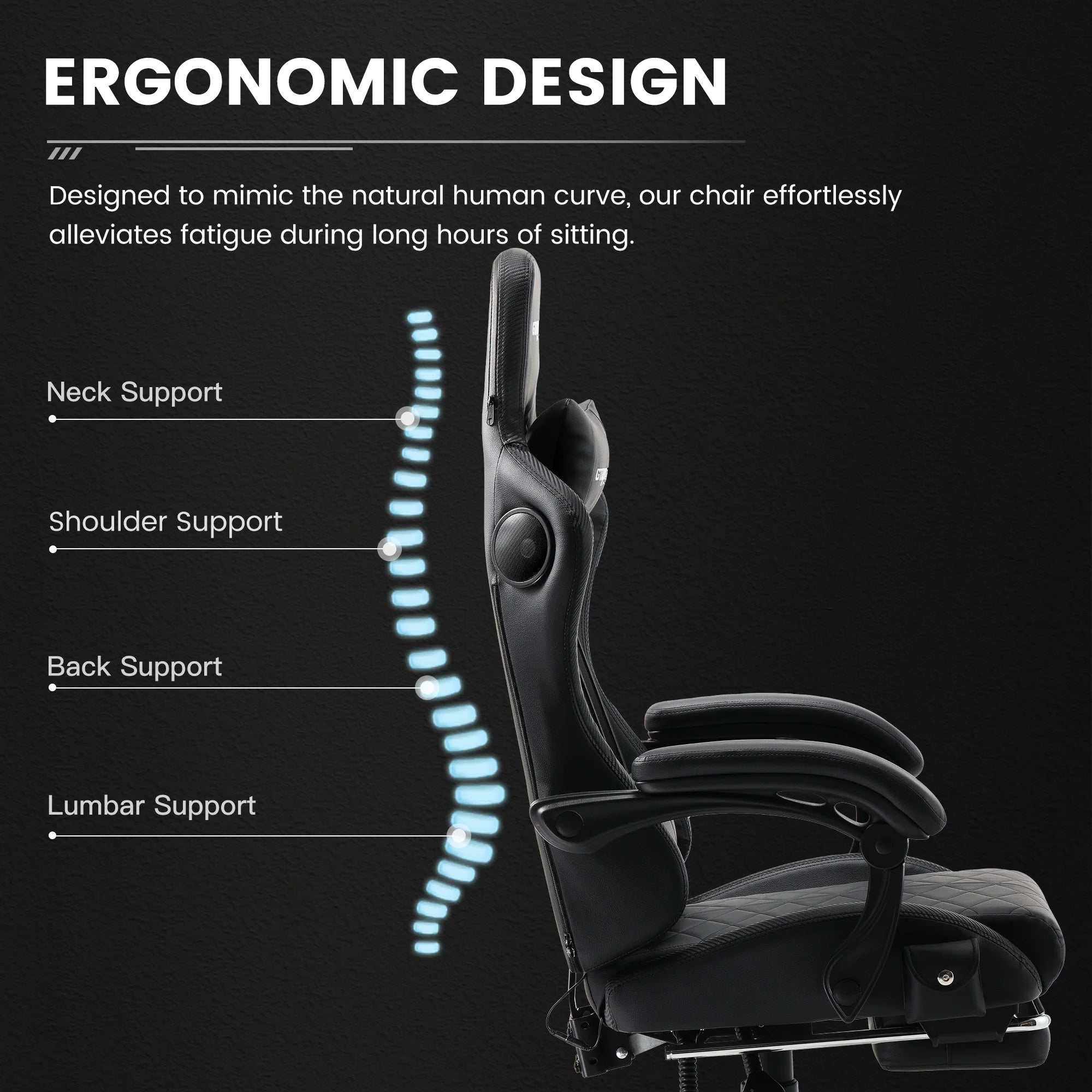 GTW-100 Reclining Gaming Chair with Bluetooth, Adjustable Pillows and Footrest, Black