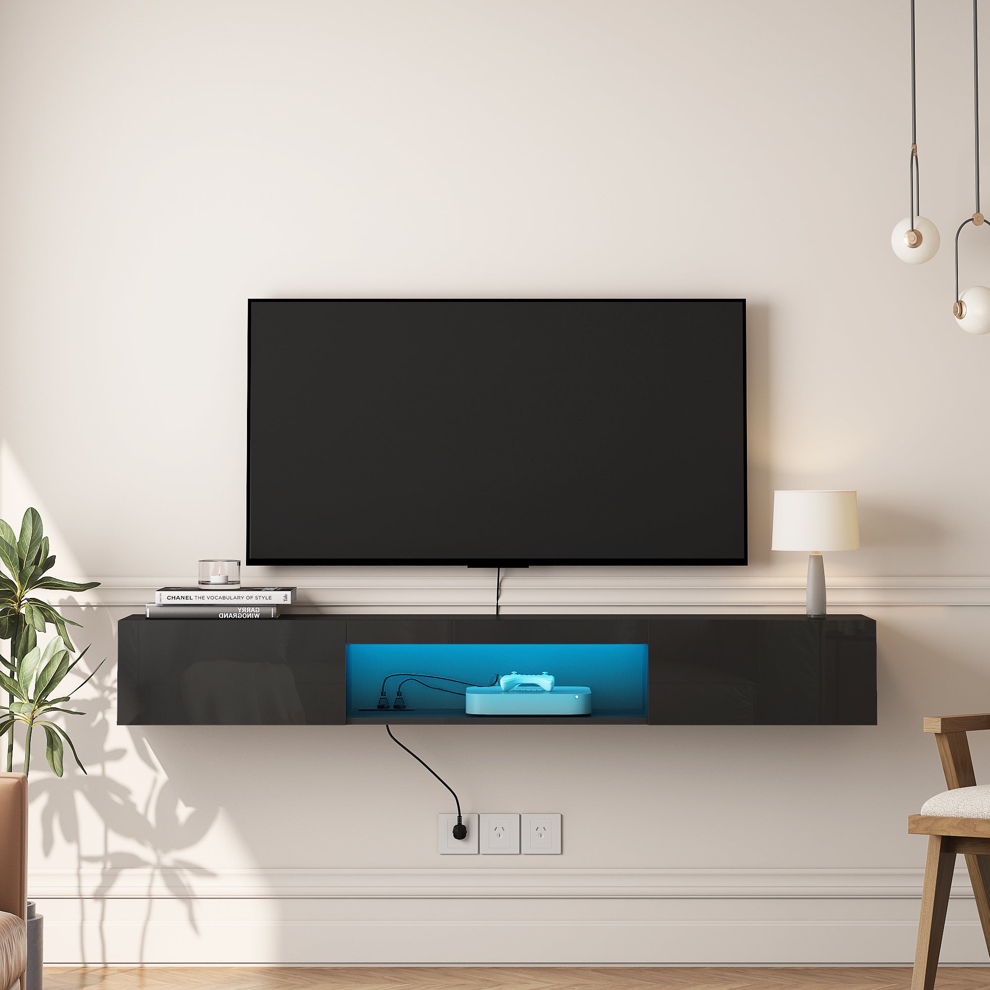 Floating TV Stand Wall Mounted with 16 Color Leds Modern TV Stand, Floating TV Cabinet Entertainment Center for 55 60 65 Inch Tv,Black