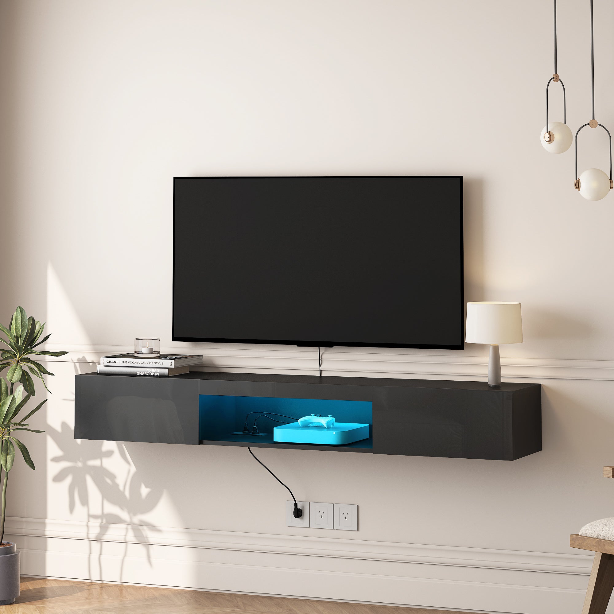 Floating TV Stand Wall Mounted with 16 Color Leds Modern TV Stand, Floating TV Cabinet Entertainment Center for 55 60 65 Inch Tv,Black