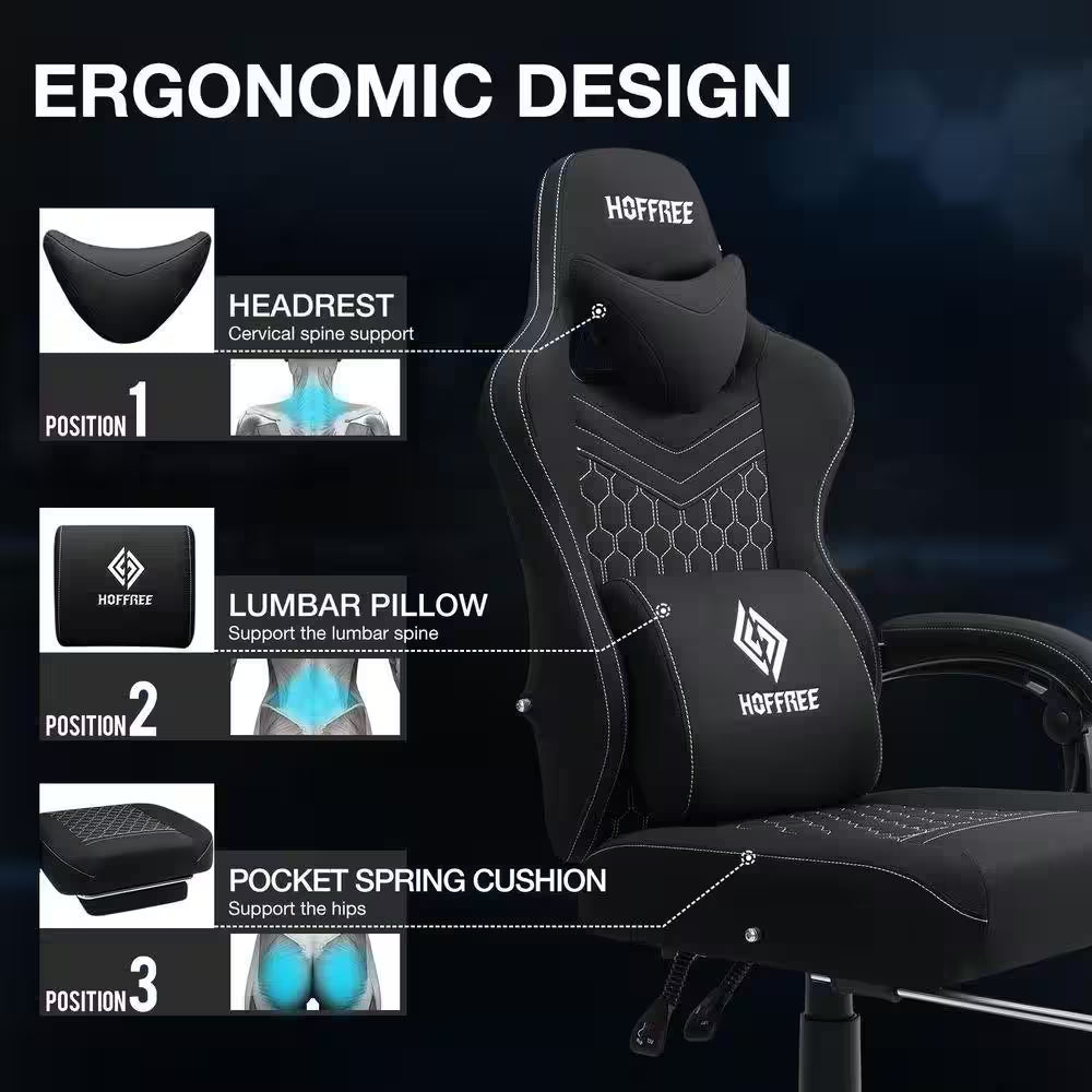 Fabric Reclining Ergonomic Gaming Chair in Black with Bluetooth Speakers and Vibration Lumbar Pillow