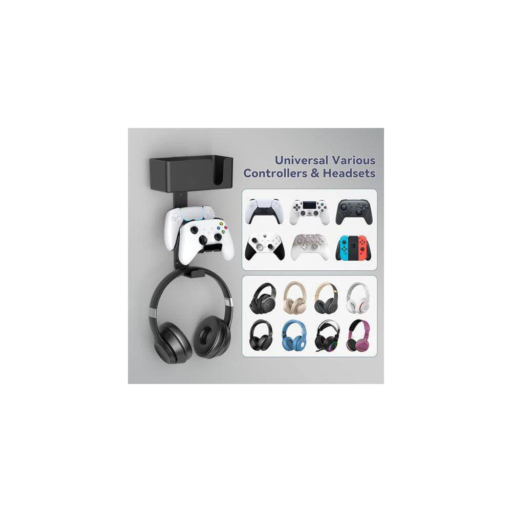 4-In-1 Wall Mount Holder Dual Game Controller Headphone Hanger with Anti-Slip Pads Detachable Desk Storage