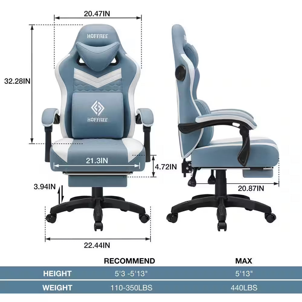 Fabric Reclining Ergonomic Gaming Chair in Blue/White with Bluetooth Speakers and Vibration Lumbar Pillow