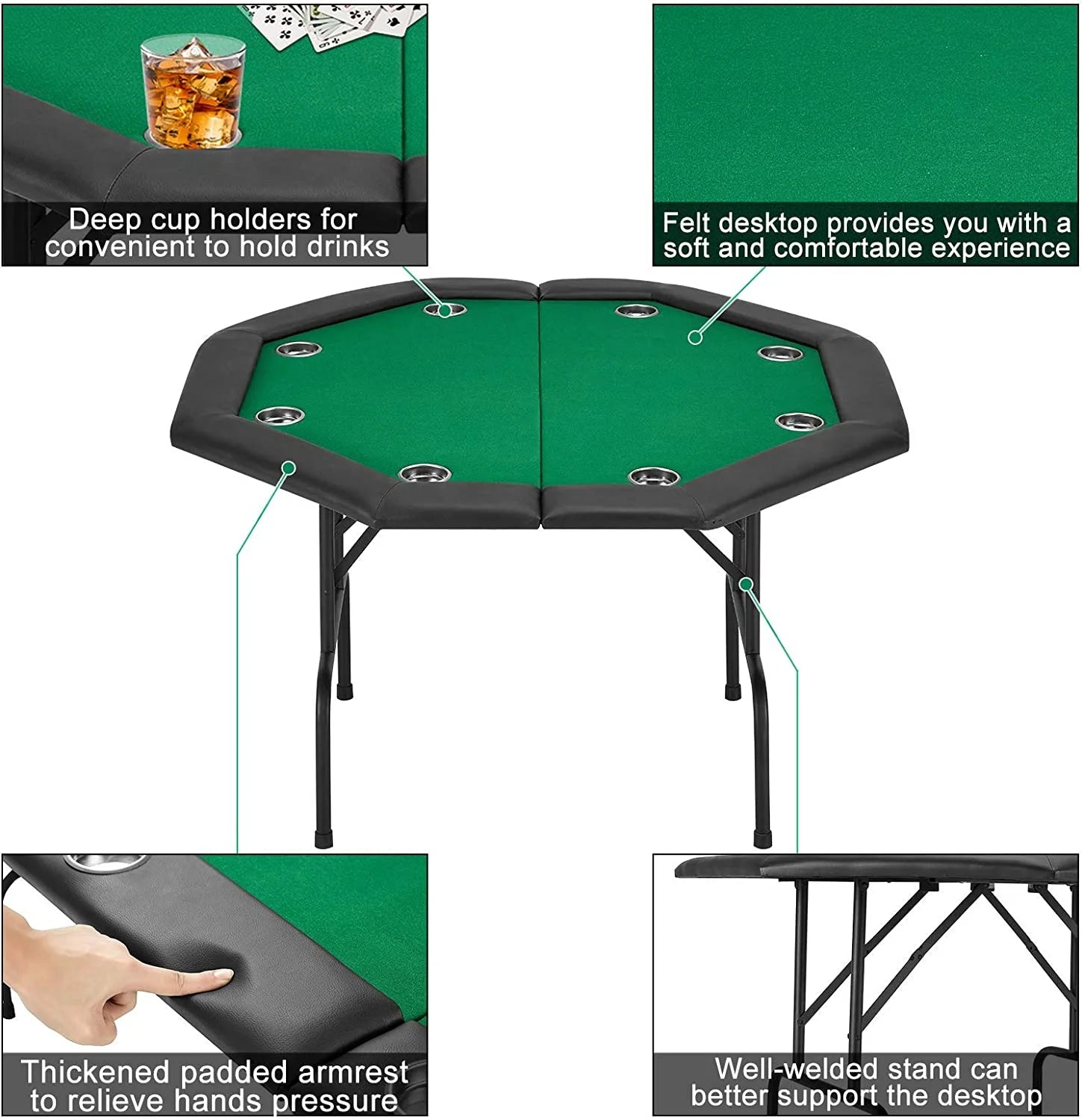 29" Game Poker Table W/Stainless Steel Cup Holder Casino Leisure Table for 8 Players, Green