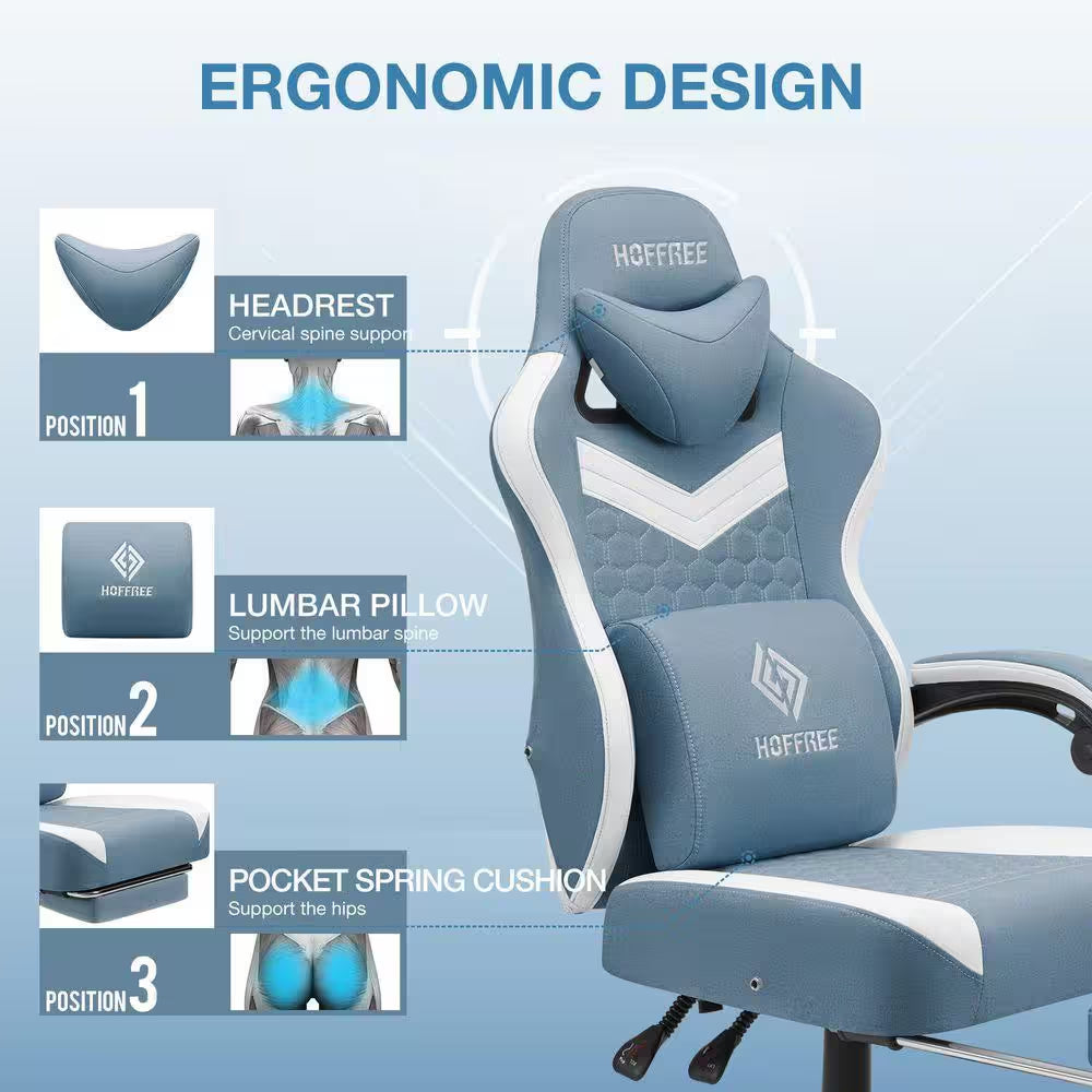 Fabric Reclining Ergonomic Gaming Chair in Blue/White with Bluetooth Speakers and Vibration Lumbar Pillow