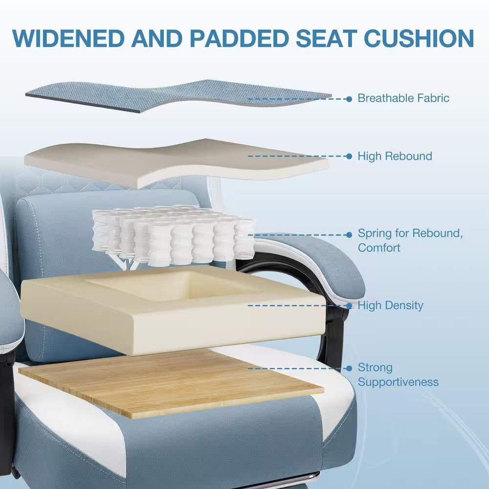 Fabric Reclining Ergonomic Gaming Chair in Blue/White with Bluetooth Speakers and Vibration Lumbar Pillow