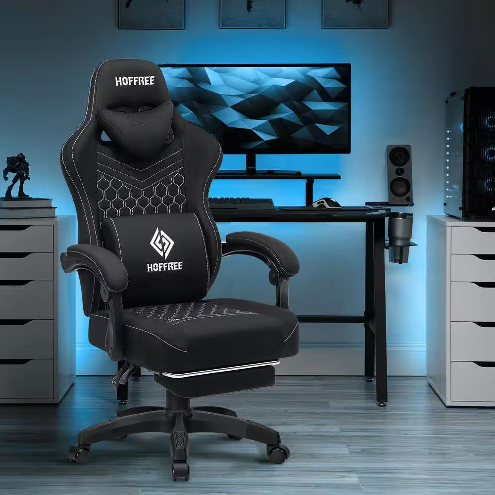 Fabric Reclining Ergonomic Gaming Chair in Black with Bluetooth Speakers and Vibration Lumbar Pillow