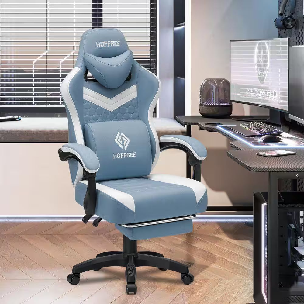 Fabric Reclining Ergonomic Gaming Chair in Blue/White with Bluetooth Speakers and Vibration Lumbar Pillow