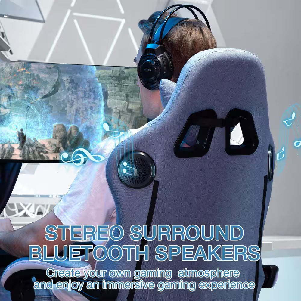 Fabric Reclining Ergonomic Gaming Chair in Blue/White with Bluetooth Speakers and Vibration Lumbar Pillow