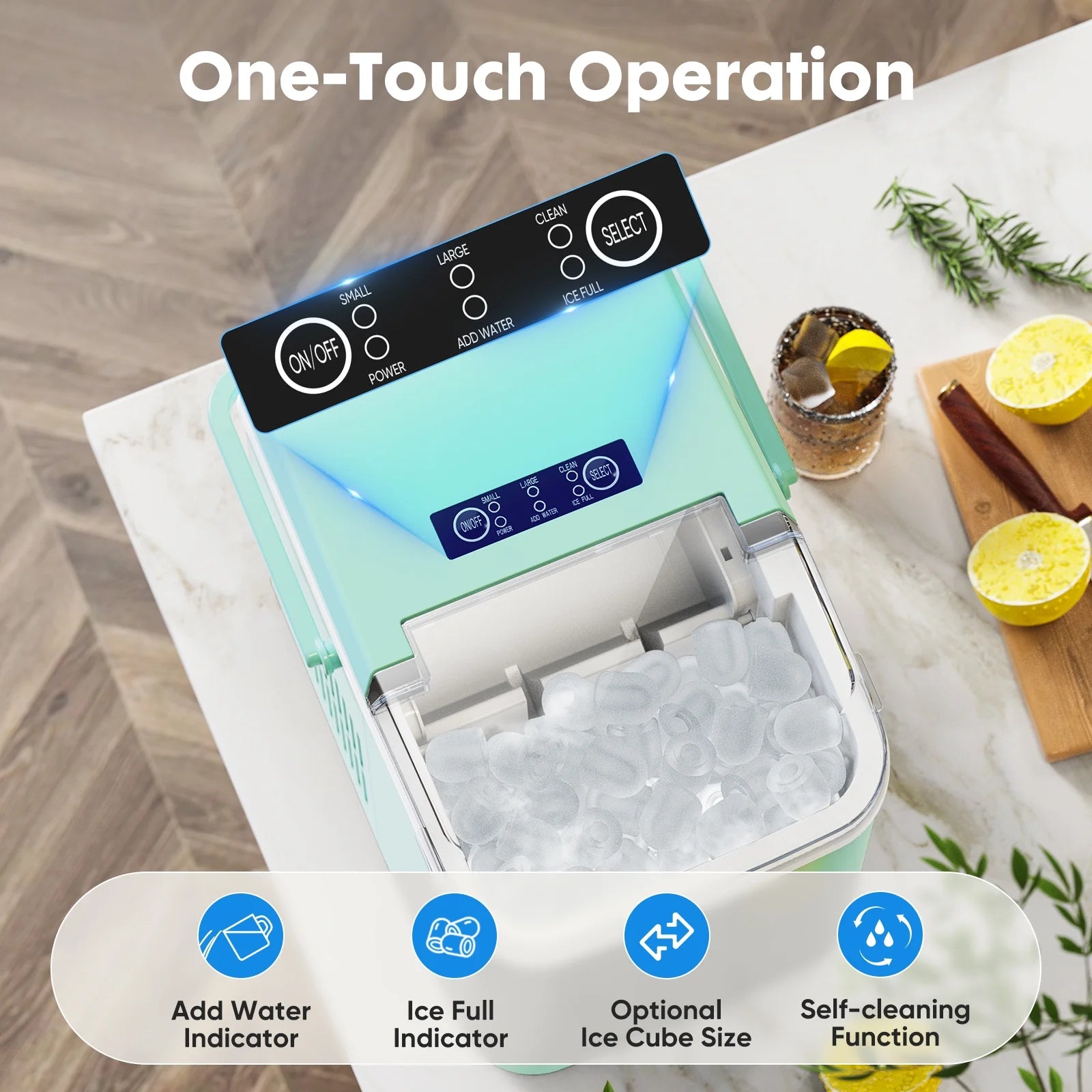 Countertop Ice Maker, Self-Cleaning Portable Ice Maker Machine with Handle and Ice Scoop, Bullet Ice Cubes, 9Pcs/6Min 26.5Lbs/24H for Home/Kitchen/Bar/Party, Green