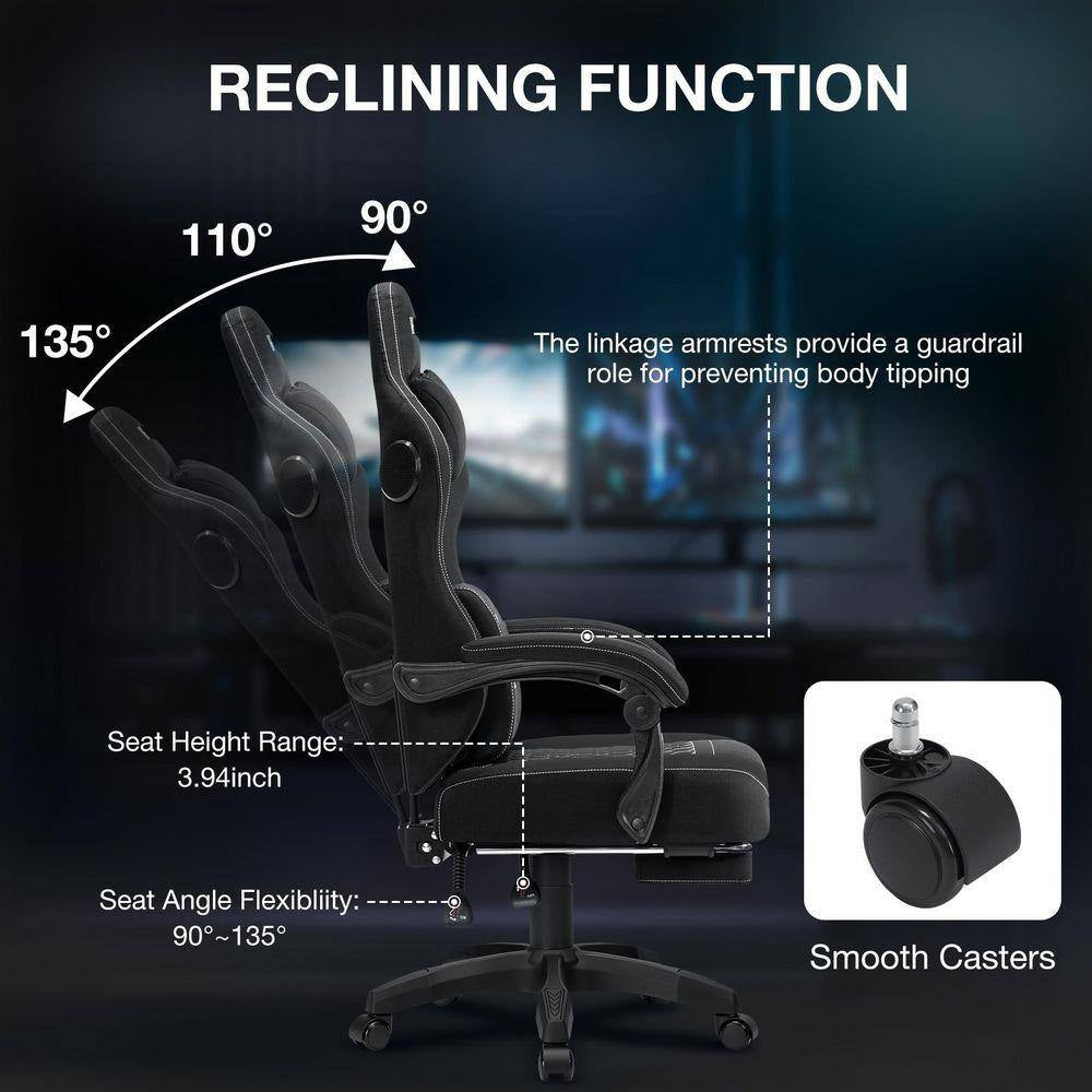 Fabric Reclining Ergonomic Gaming Chair in Black with Bluetooth Speakers and Vibration Lumbar Pillow