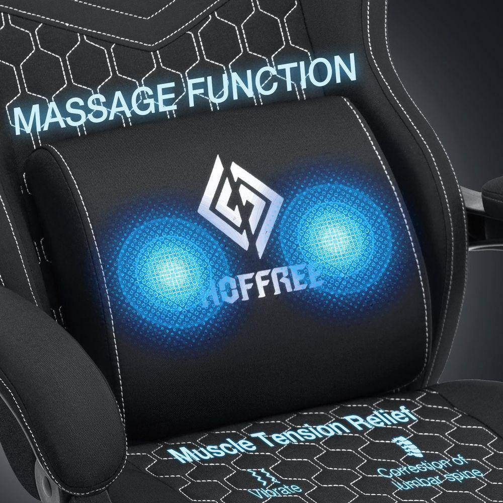 Fabric Reclining Ergonomic Gaming Chair in Black with Bluetooth Speakers and Vibration Lumbar Pillow