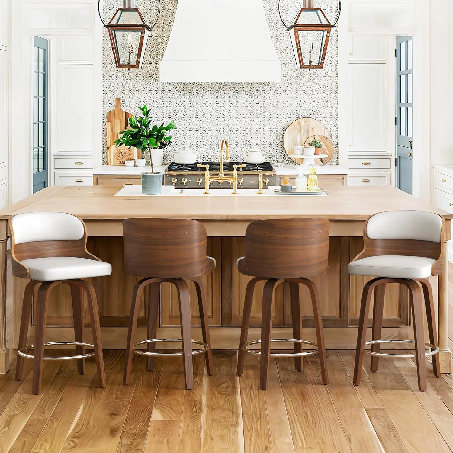 26”Bar Stools Swivel, Wood Counter Height Bar Stools Set of 3 for Home Bar, White