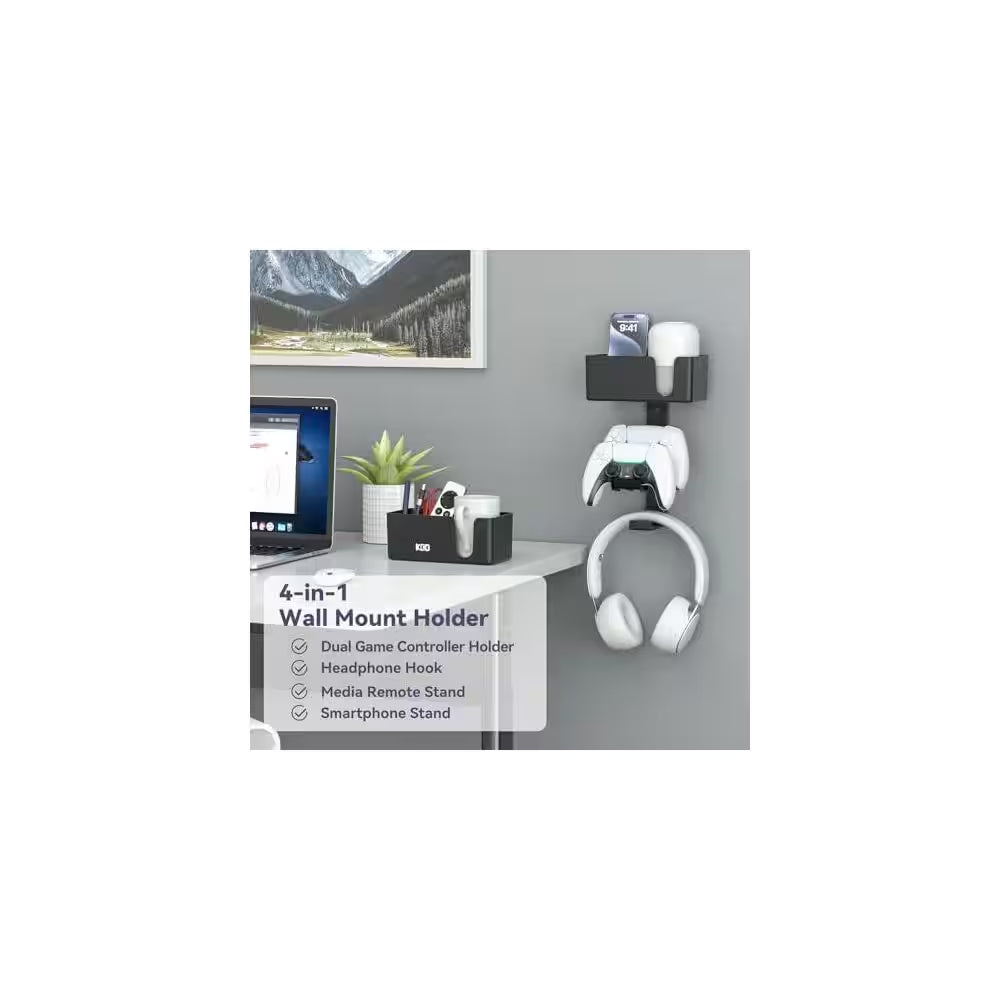 4-In-1 Wall Mount Holder Dual Game Controller Headphone Hanger with Anti-Slip Pads Detachable Desk Storage