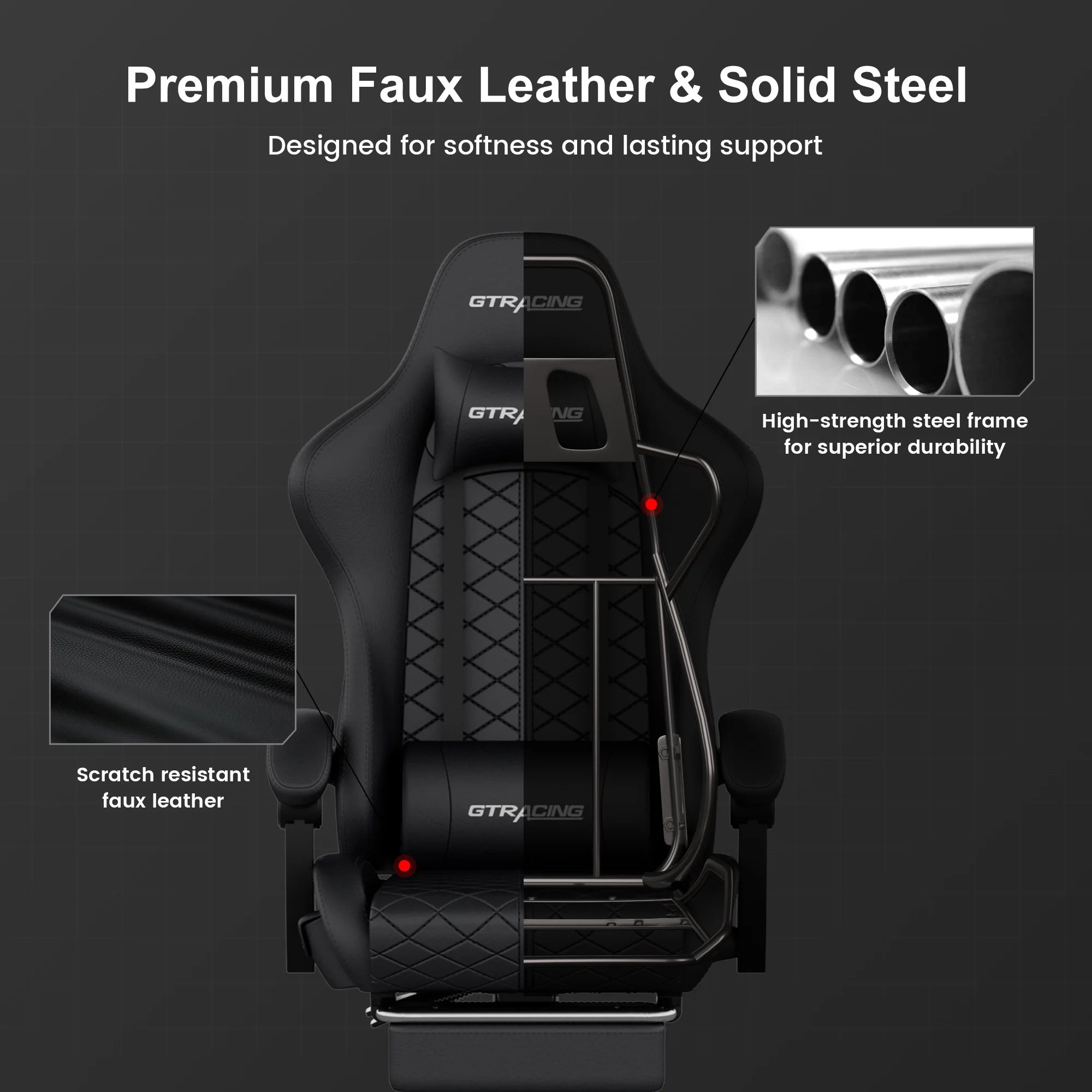 GTW-100 Reclining Gaming Chair with Bluetooth, Adjustable Pillows and Footrest, Black