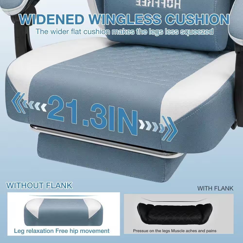 Fabric Reclining Ergonomic Gaming Chair in Blue/White with Bluetooth Speakers and Vibration Lumbar Pillow