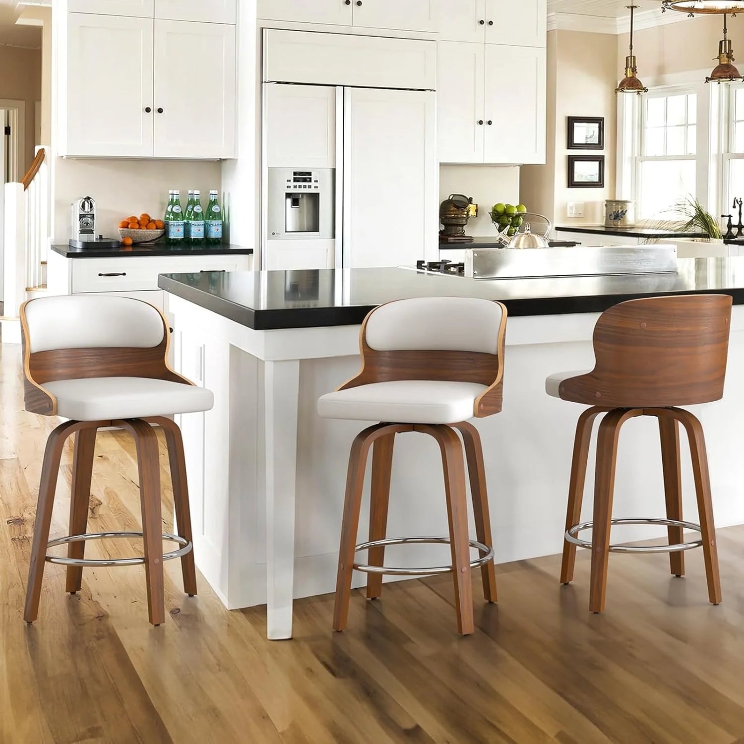 26”Bar Stools Swivel, Wood Counter Height Bar Stools Set of 3 for Home Bar, White