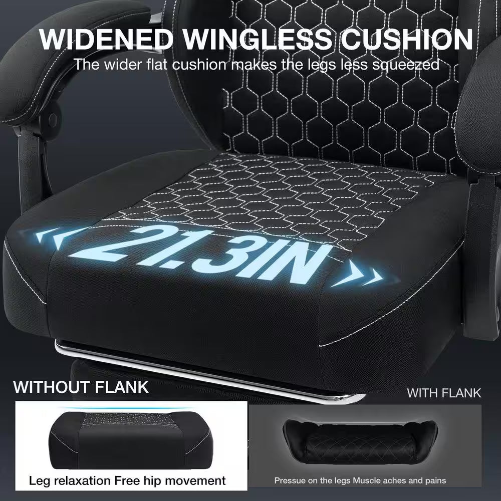 Fabric Reclining Ergonomic Gaming Chair in Black with Bluetooth Speakers and Vibration Lumbar Pillow