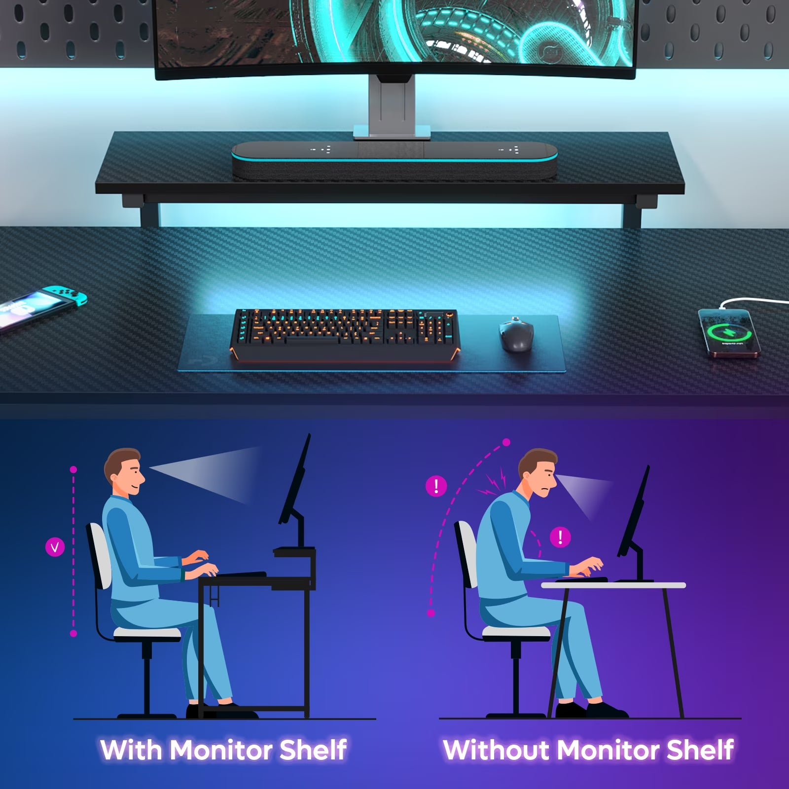 52" Gaming Desk with LED Lights L Shaped Desk with Power Outlet & Monitor Stand Corner Computer Desk in Carbon Fiber