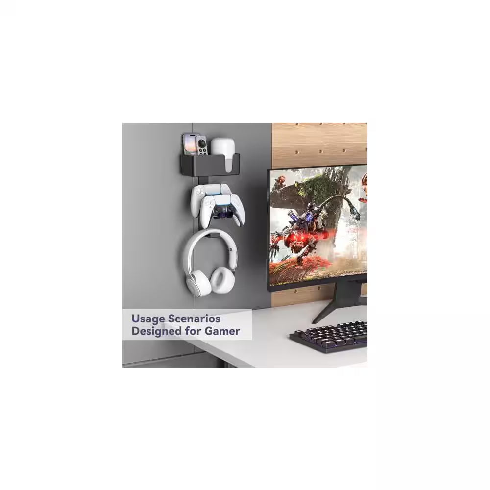 4-In-1 Wall Mount Holder Dual Game Controller Headphone Hanger with Anti-Slip Pads Detachable Desk Storage