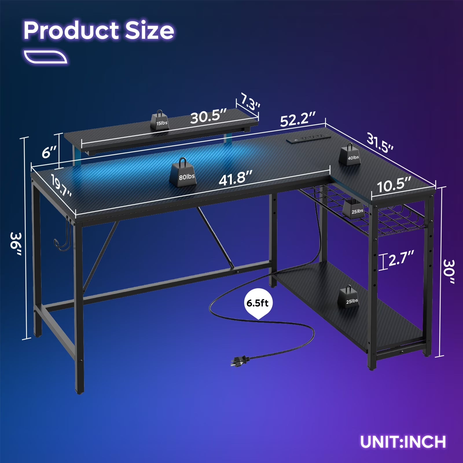 52" Gaming Desk with LED Lights L Shaped Desk with Power Outlet & Monitor Stand Corner Computer Desk in Carbon Fiber