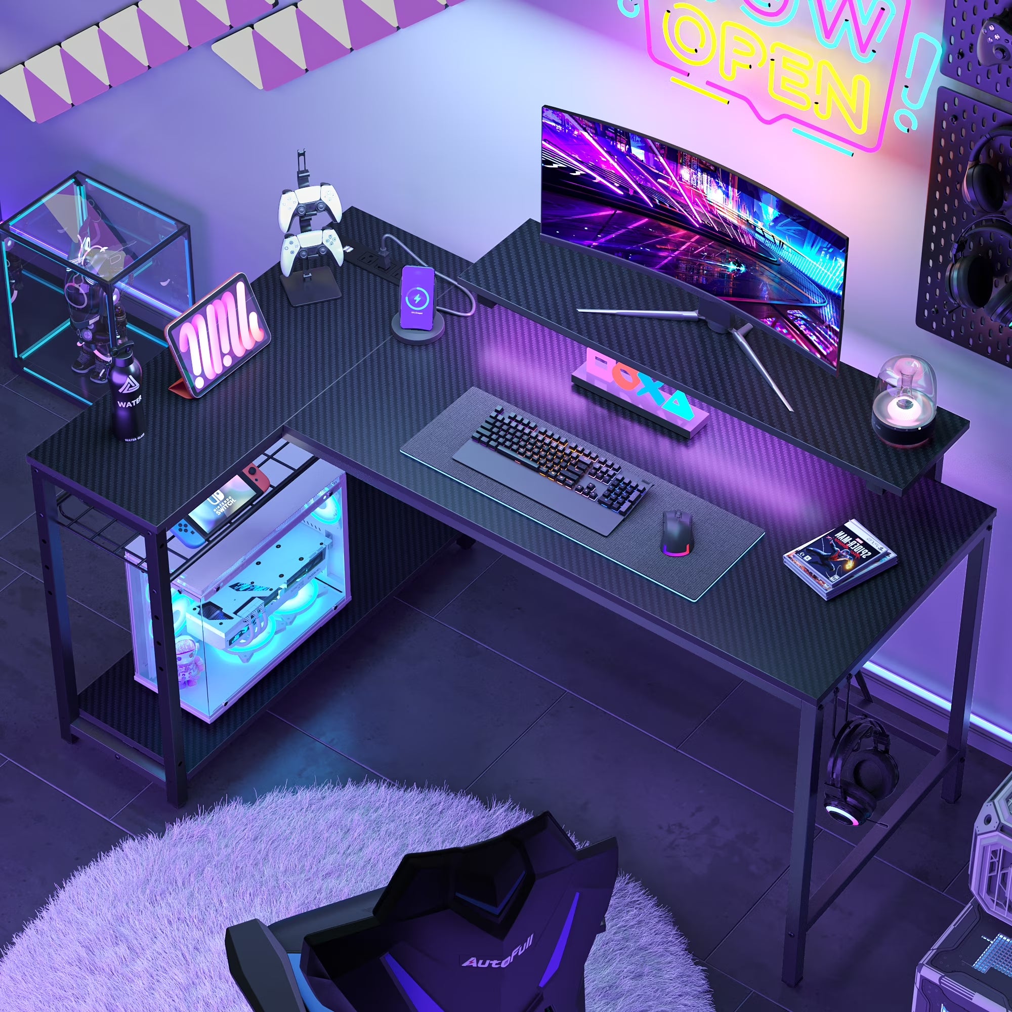 52" Gaming Desk with LED Lights L Shaped Desk with Power Outlet & Monitor Stand Corner Computer Desk in Carbon Fiber