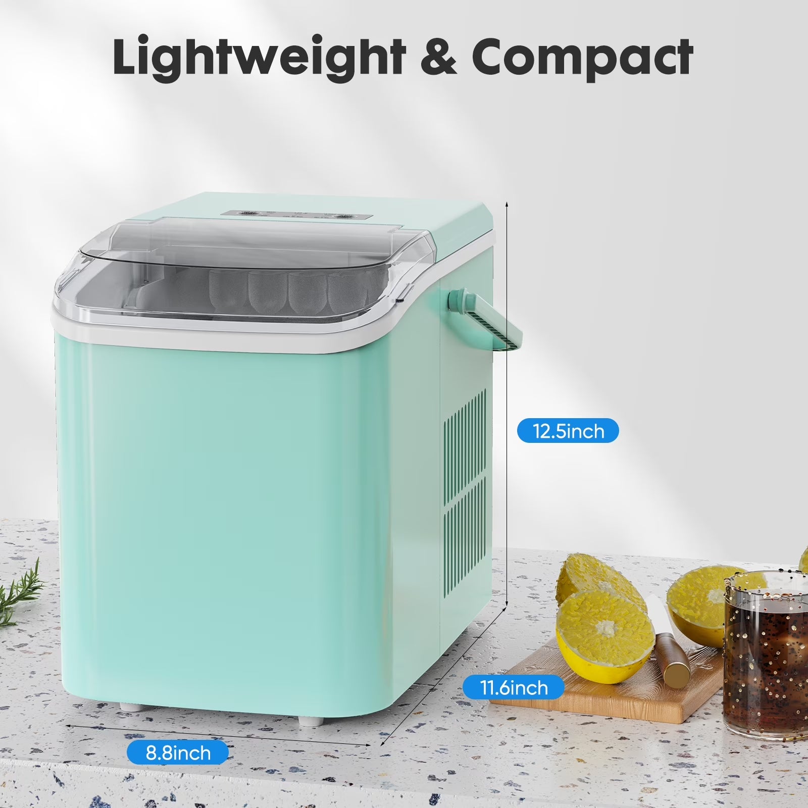 Countertop Ice Maker, Self-Cleaning Portable Ice Maker Machine with Handle and Ice Scoop, Bullet Ice Cubes, 9Pcs/6Min 26.5Lbs/24H for Home/Kitchen/Bar/Party, Green