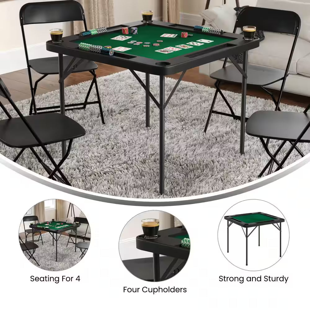 Silas Classic 34.5 In. L Square 4-Player Black Top/Green Felt Surface Plastic Top with Cup Holders Folding Card Tables