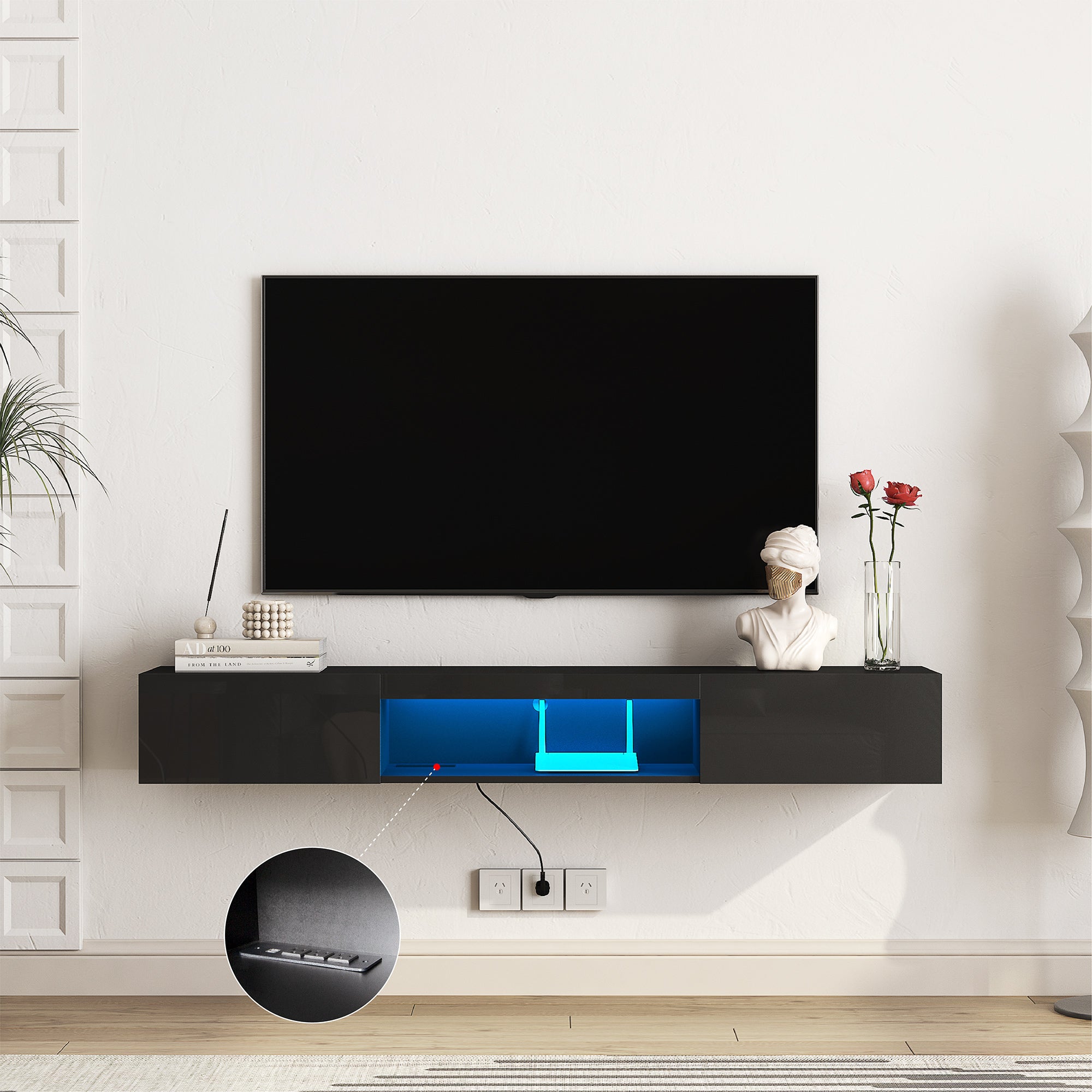 Floating TV Stand Wall Mounted with 16 Color Leds Modern TV Stand, Floating TV Cabinet Entertainment Center for 55 60 65 Inch Tv,Black