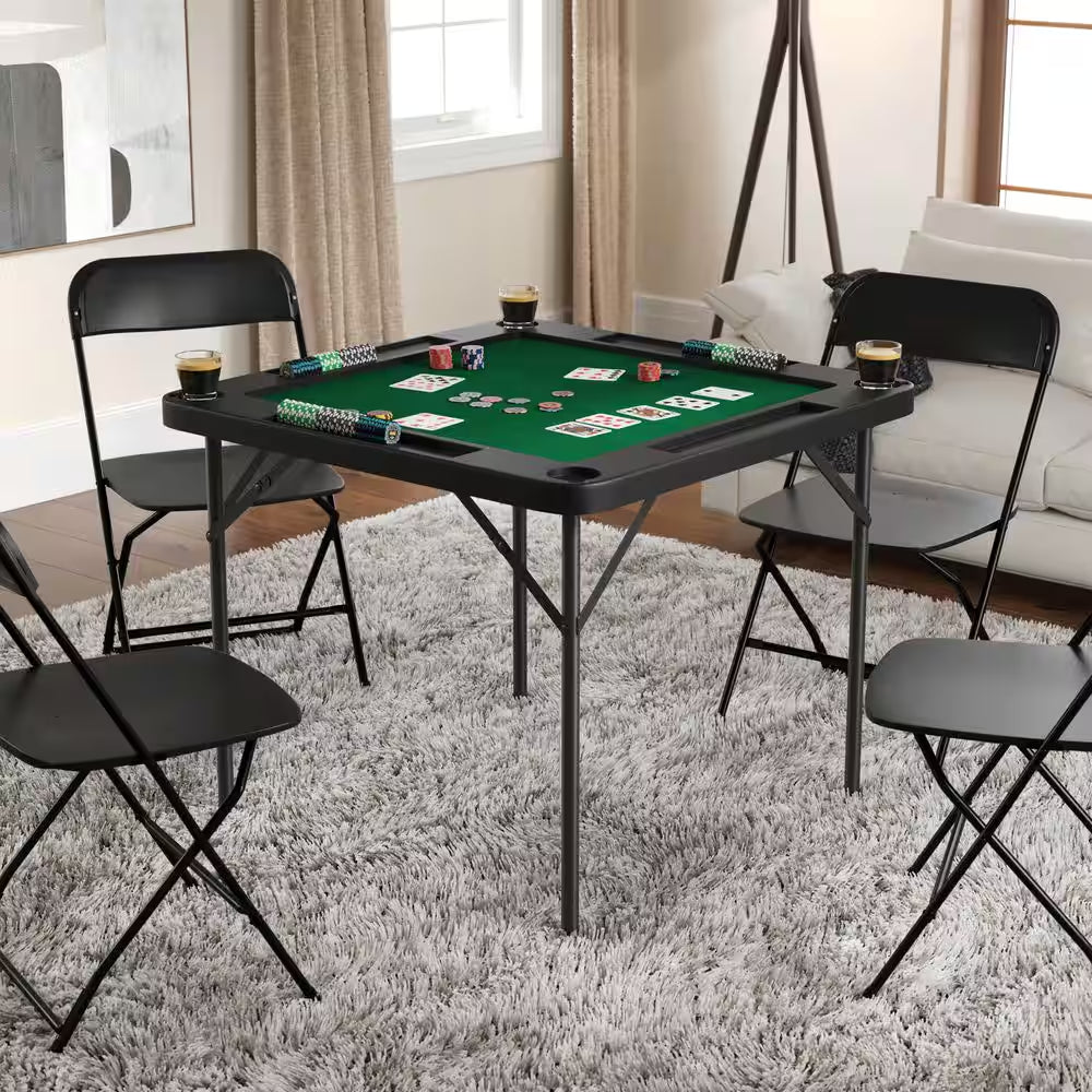 Silas Classic 34.5 In. L Square 4-Player Black Top/Green Felt Surface Plastic Top with Cup Holders Folding Card Tables