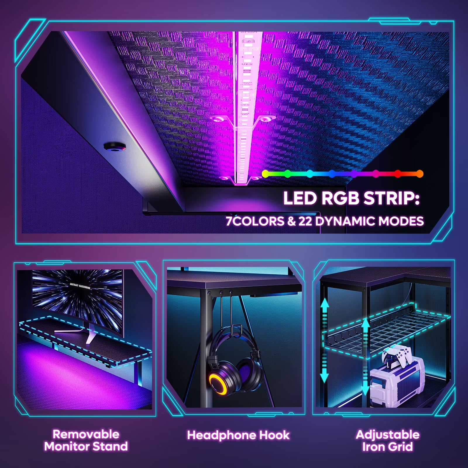 52" Gaming Desk with LED Lights L Shaped Desk with Power Outlet & Monitor Stand Corner Computer Desk in Carbon Fiber