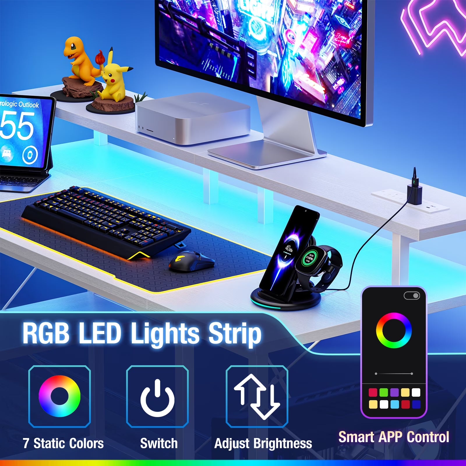 48-Inch Gaming Desk with LED Lights, Power Outlets, Monitor Stand, App-Controlled Features and Headphone Hook