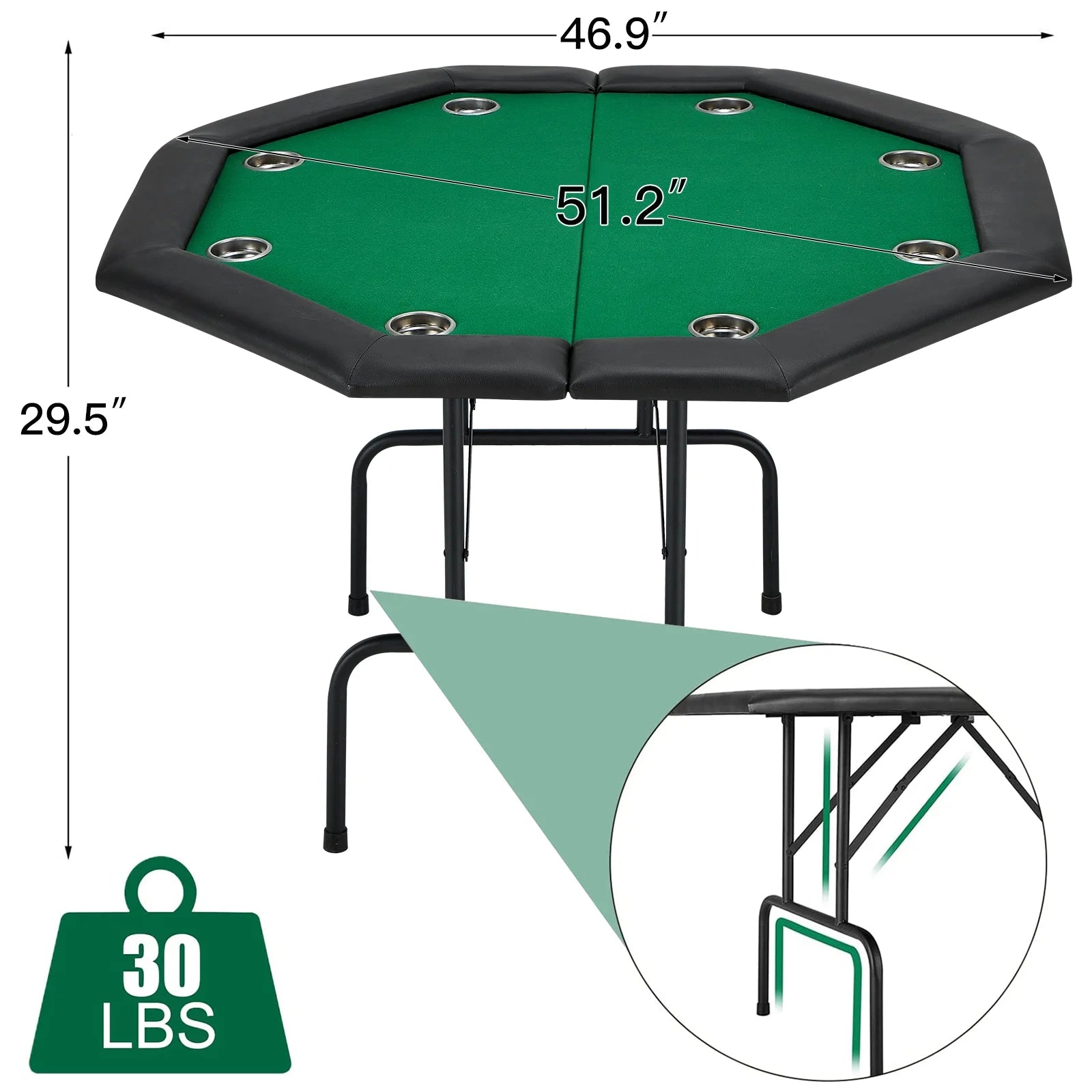29" Game Poker Table W/Stainless Steel Cup Holder Casino Leisure Table for 8 Players, Green