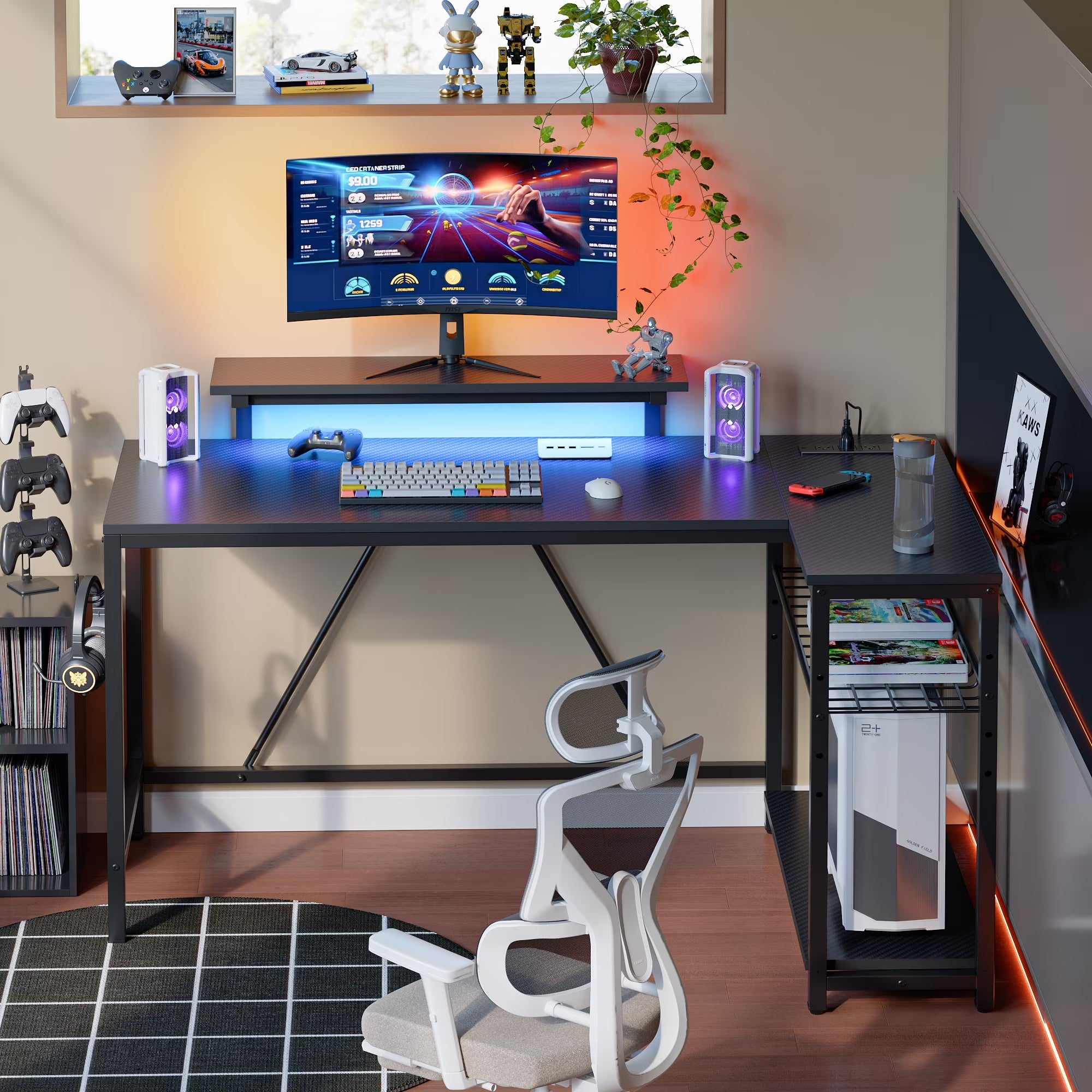 52" Gaming Desk with LED Lights L Shaped Desk with Power Outlet & Monitor Stand Corner Computer Desk in Carbon Fiber